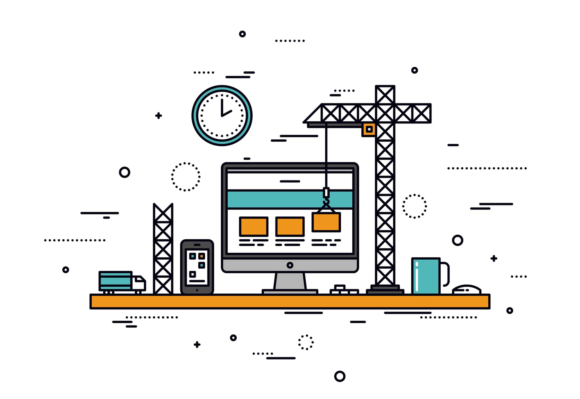 Website under construction illustration with crane and computer
